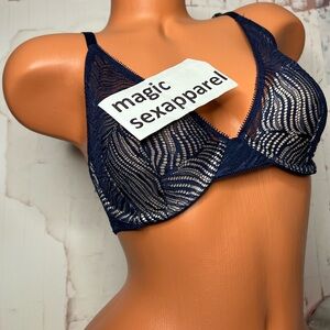 VS 32DD LUXE LINGERIE LINED DEMI BRA PLUNGE BRA ZEBRA LACE MESH NAVY